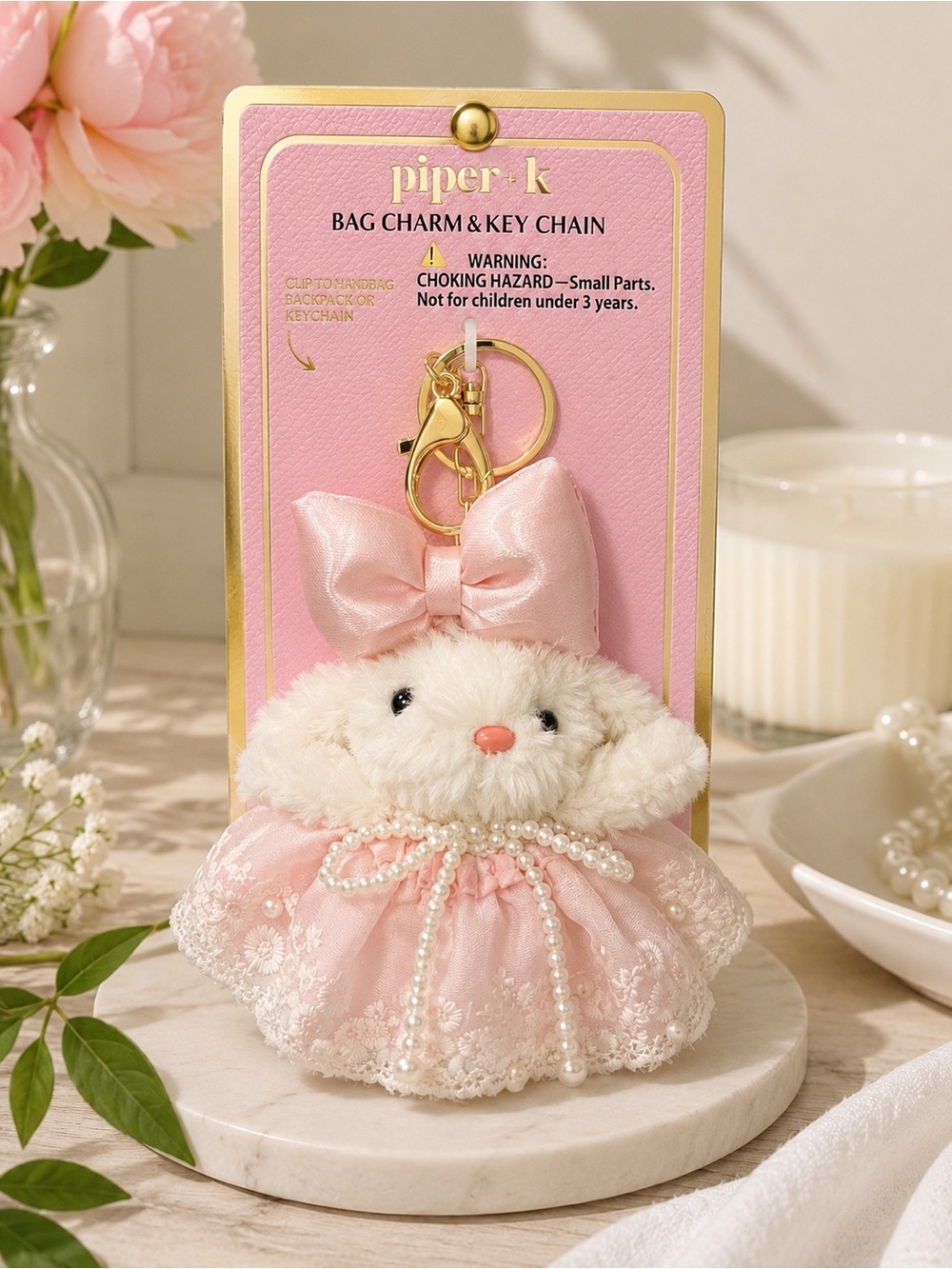 Pink Pearl Lace Bunny Keychain